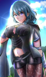 Rule 34 | 1girl, aldafera art, armlet, armor, blue eyes, blue hair, bodice, breasts, brown pantyhose, bustier, byleth (female) (fire emblem), byleth (fire emblem), capelet, clothing cutout, coat, dagger, fire emblem, fire emblem: three houses, floral print, hair between eyes, hand on own chest, highres, knife, large breasts, medium hair, navel, navel cutout, nintendo, pantyhose, pantyhose under shorts, patterned legwear, print pantyhose, short sleeves, shorts, shoulder armor, solo, sunlight, tassel, turtleneck, vambraces, weapon