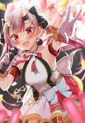 Rule 34 | 1girl, :d, absurdres, armband, armpits, bare shoulders, belt, blush, bougashi, bow, bow skirt, breasts, clothing cutout, fang, gloves, glowstick, gradient hair, halterneck, highres, holding, holding microphone, hololive, hololive idol uniform, horns, idol, layered skirt, long hair, looking at viewer, medium breasts, microphone, miniskirt, multicolored hair, nakiri ayame, navel, navel cutout, official alternate costume, oni, open mouth, raiden shogun, red eyes, red hair, silver hair, skin-covered horns, skirt, sleeveless, smile, solo, streaked hair, twintails, virtual youtuber, white bow, white gloves, wrist cuffs