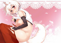 Rule 34 | 1girl, animal ears, blush, breasts, bridal gauntlets, elbow gloves, female focus, gloves, gradient background, inubashiri momiji, large breasts, looking at viewer, nipples, open mouth, pulling, red eyes, short hair, smile, solo, tail, terazip, touhou, white hair, wolf ears, wolf tail