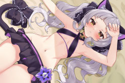 Rule 34 | 1girl, animal ears, bikini, blunt bangs, blush, bow, breasts, cat ears, cat girl, cat tail, grey hair, highres, hololive, ivan wang, long hair, looking at viewer, midriff, murasaki shion, murasaki shion (hololive summer 2019), navel, short eyebrows, sidelocks, small breasts, solo, swimsuit, tail, tail bow, tail ornament, virtual youtuber, yellow eyes