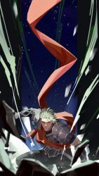 Rule 34 | 1boy, absurdres, achilles (fate), armor, closed mouth, dynamic pose, fate/apocrypha, fate/grand order, fate (series), green hair, haruakira, highres, looking at viewer, male focus, mature male, orange scarf, red eyes, scarf, short hair, sky, solo, star (sky), starry sky