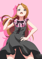 Rule 34 | 1girl, absurdres, asanaya, black bow, black dress, bow, brown eyes, brown hair, contrapposto, dress, frilled shirt, frills, from below, hair flip, hand on own hip, highres, idolmaster, idolmaster (classic), idolmaster million live!, idolmaster million live! theater days, long hair, looking at viewer, minase iori, open mouth, pink background, pink bow, pink shirt, shirt, solo, standing, swept bangs, upskirt, very long hair