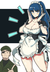 Rule 34 | 1boy, 1girl, absurdres, alternate costume, apron, black dress, black footwear, blue eyes, blue hair, breasts, cleavage, closed eyes, drakeposting (meme), dress, enmaided, eyepatch, father and daughter, frilled dress, frills, frown, hat, heidern, highres, kneehighs, large breasts, leg up, leona heidern, long hair, maid, maid apron, maid headdress, masgamjya, meme, military, military hat, military uniform, notice lines, ponytail, short dress, short sleeves, simple background, smug, snk heroines: tag team frenzy, socks, solo focus, the king of fighters, uniform, white background, wrist cuffs