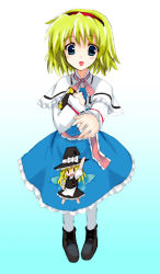 Rule 34 | 1girl, alice margatroid, blonde hair, blue eyes, character doll, doll, female focus, gotyou, gradient background, kirisame marisa, long sleeves, looking at viewer, outstretched arm, short hair, simple background, solo, standing, touhou
