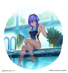 Rule 34 | 1girl, alternate costume, arm at side, artist name, bare arms, bare legs, bare shoulders, barefoot, black hairband, blue one-piece swimsuit, blush, breasts, cameltoe, closed mouth, collarbone, competition swimsuit, dark-skinned female, dark skin, dmith, fate/prototype, fate/prototype: fragments of blue and silver, fate (series), hairband, hand up, hassan of serenity (fate), highleg, highleg swimsuit, indoors, looking at viewer, medium breasts, one-piece swimsuit, partially submerged, partially underwater shot, plant, pool, pool ladder, potted plant, purple eyes, purple hair, revision, round image, short hair, sitting, soaking feet, solo, swimsuit, underwater, water, watermark, web address, wet, window