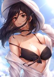 Rule 34 | 1girl, absurdres, bare shoulders, bikini, black bikini, black choker, black hair, breasts, brown eyes, choker, commentary request, day, earrings, hat, highres, hua-j, jewelry, large breasts, long hair, long sleeves, mole, mole on breast, original, partially unbuttoned, shirt, sky, solo, strap slip, sun hat, swimsuit, thick eyebrows, upper body, white hat, white shirt