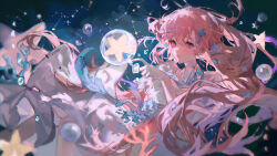 Rule 34 | 1girl, air bubble, blush, bubble, constellation, coral, detached collar, dress, eyelashes, gloves, hair ornament, indie virtual youtuber, long hair, looking at viewer, mistedsky, nini yuuna, petals, pink eyes, pink hair, pointing, ribbon, smile, solo, star (sky), starfish, underwater, virtual youtuber, white dress, white gloves, x hair ornament
