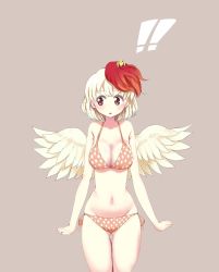 Rule 34 | !, !!, 1girl, animal, animal on head, arms at sides, bikini, bird, bird on head, bird wings, blonde hair, blush, breasts, chick, cleavage, collarbone, commentary request, eyelashes, feathered wings, feet out of frame, gomeifuku, grey background, highres, looking to the side, medium breasts, navel, niwatari kutaka, on head, open mouth, orange bikini, print swimsuit, red eyes, red hair, simple background, solo, standing, stomach, sweatdrop, swimsuit, thighs, touhou, wings, yellow wings