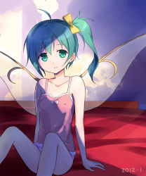 Rule 34 | 1girl, ahoge, aqua eyes, aqua hair, arm support, bare shoulders, bed, bow, breasts, camisole, collarbone, covered erect nipples, daiyousei, fairy wings, female focus, green eyes, green hair, hair bow, matching hair/eyes, no pants, panties, short hair, side ponytail, sitting, small breasts, solo, touhou, tucana, underwear, underwear only, wings