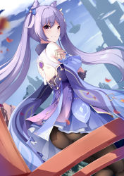 Rule 34 | 1girl, artist request, ass, bare shoulders, blush, collared shirt, dress, electro (genshin impact), from behind, genshin impact, gloves, hair ornament, highres, keqing (genshin impact), long hair, looking at viewer, looking back, panties, panties under pantyhose, pantyhose, purple eyes, purple hair, shiny clothes, shirt, short dress, skirt, smile, solo, twintails, underwear, very long hair, vision (genshin impact)