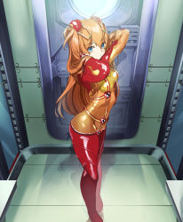 Rule 34 | 1girl, absurdres, ass, blue eyes, bodysuit, breasts, commentary, commentary request, curvy, evangelion: 2.0 you can (not) advance, hair ornament, highres, huge filesize, interface headset, kamekichi (6969), long hair, looking at viewer, multicolored bodysuit, multicolored clothes, neon genesis evangelion, orange bodysuit, orange hair, pilot suit, plugsuit, rebuild of evangelion, red bodysuit, see-through, see-through bodysuit, shiny clothes, small breasts, solo, souryuu asuka langley, standing, test plugsuit, twintails, very long hair, wide hips