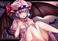 Rule 34 | 1girl, bat (animal), bat wings, blouse, blue hair, breasts, brooch, center frills, collared shirt, commentary request, convenient censoring, diagonal stripes, feet out of frame, fingernails, frilled shirt collar, frilled sleeves, frills, hair between eyes, hands on own chest, hat, highres, jewelry, legs, legs up, looking at viewer, mahoro (minase mahoro), mob cap, moon, nail polish, open mouth, orange eyes, pink hat, pink shirt, pink skirt, puffy short sleeves, puffy sleeves, purple hair, red moon, red nails, remilia scarlet, sharp fingernails, shirt, short hair, short sleeves, skirt, small breasts, solo, striped, striped background, teeth, thighs, touhou, upper teeth only, wings, yellow brooch