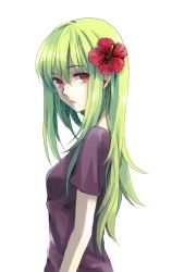 Rule 34 | 1girl, amber (darker than black), darker than black, flower, green hair, hair flower, hair ornament, long hair, looking back, orange eyes, ouru109, simple background, solo