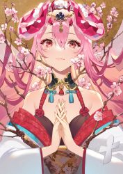 Rule 34 | 1girl, absurdres, branch, cherry blossoms, closed mouth, hair between eyes, hands up, highres, horns, interlocked fingers, long hair, looking at viewer, off shoulder, original, own hands together, pink hair, red eyes, second-party source, solo, teffish, upper body