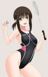 Rule 34 | 10s, 1girl, asics, badminton racket, black hair, black one-piece swimsuit, commentary request, competition swimsuit, cowboy shot, fuuma nagi, grey background, hanebado!, hanesaki ayano, highleg, highleg swimsuit, highres, holding, holding racket, long hair, looking at viewer, low ponytail, one-piece swimsuit, open mouth, ponytail, racket, short ponytail, shuttlecock, sidelocks, simple background, solo, standing, swimsuit