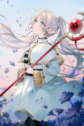 Rule 34 | 1girl, belt, black belt, black shirt, blue flower, blush, capelet, commentary, commentary request, earrings, elf, english commentary, falling petals, floating clothes, floating hair, flower, frieren, gold trim, grey hair, high collar, highres, holding, holding staff, jewelry, kinokohime, long hair, long sleeves, looking up, mage staff, mixed-language commentary, outdoors, parted lips, petals, pointy ears, shirt, skirt, solo, sousou no frieren, staff, striped clothes, striped shirt, twintails, white capelet, white shirt, white skirt, wide sleeves