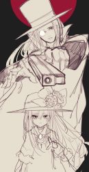 Rule 34 | 1boy, 1girl, absurdres, aiming, aiming at viewer, character request, flower, grey background, gun, hat, highres, holding, holding gun, holding weapon, limited palette, long hair, looking at viewer, monocle, riuichi, sketch, top hat, weapon