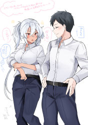Rule 34 | 1boy, 1girl, absurdres, admiral (kancolle), alternate costume, belt, black belt, black hair, black nails, blue pants, blush, breasts, closed eyes, dark-skinned female, dark skin, dress shirt, glasses, hands on own hips, hetero, highres, kantai collection, large breasts, long hair, matching outfits, musashi (kancolle), musashi kai ni (kancolle), nail polish, open mouth, pants, red eyes, shirt, simple background, smile, translation request, twintails, white background, white hair, white shirt, yunamaro