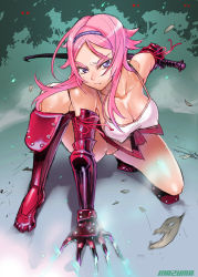 Rule 34 | angry, breasts, claws, cleavage, large breasts, pink hair, satou shouji, skirt, sword, weapon