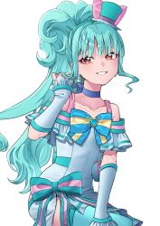 Rule 34 | 1girl, aboreen, absurdres, aqua hair, aqua hairband, aqua hat, aqua thighhighs, blue choker, bow, brooch, choker, collarbone, cowboy shot, cure lillian, dot nose, dress, dress bow, earrings, grin, hairband, hat, hat bow, heart, heart brooch, highres, jewelry, long hair, looking at viewer, magical girl, mini hat, multicolored bow, nekoyashiki mayu, pink bow, precure, red eyes, ribbon choker, side ponytail, simple background, smile, solo, striped bow, thighhighs, white arm warmers, white background, white dress, wonderful precure!