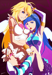Rule 34 | 10s, 2girls, alternate costume, baiola, blonde hair, blue eyes, blue hair, bridal gauntlets, cherry, corset, food, fruit, highres, jewelry, lots of jewelry, multiple girls, panty &amp; stocking with garterbelt, panty (psg), siblings, sisters, smile, stocking (psg), striped clothes, striped thighhighs, thighhighs
