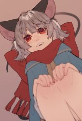 Rule 34 | 1girl, absurdres, animal ears, blue cape, bow, brown background, cape, commentary request, feet out of frame, grey hair, hands on own knees, highres, long sleeves, looking at viewer, mouse ears, mouse girl, mouse tail, nazrin, open mouth, prat rat, red eyes, red scarf, scarf, scarf bow, shirt, short hair, simple background, smile, solo, squatting, tail, touhou, white shirt
