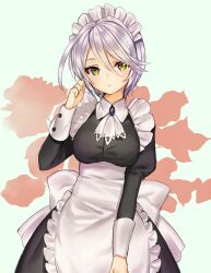Rule 34 | 1girl, alternate costume, apron, ascot, bad id, bad twitter id, black dress, breasts, closed mouth, cowboy shot, dress, enmaided, frilled apron, frills, gambe, grey hair, hair between eyes, hand up, impossible clothes, juliet sleeves, large breasts, long sleeves, looking at viewer, maid, maid headdress, pretty series, pripara, puffy sleeves, shikyoin hibiki, short hair, signature, solo, standing, white apron, white ascot, yellow eyes