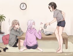 Rule 34 | 3girls, ariel (kumo desu ga nani ka?), barefoot, beer can, black hair, black skirt, blush, can, casual, clock, controller, denim, denim shorts, drink can, feet, female focus, from behind, from side, grey shirt, grey sweater, hair between eyes, hand on own hip, highres, indoors, jaggy lines, japanese text, kumo desu ga nani ka?, kumoko (kumo desu ga nani ka?), kuroko (ku rogitune96), legs, long hair, long sleeves, looking at another, medium hair, multicolored hair, multiple girls, no shoes, no socks, pillow, pink sweater, plant, red eyes, rug, shiraori, shirt, short shorts, short sleeves, shorts, sidelocks, sitting, sketch, skirt, smile, sophia keren, standing, sweater, table, thighs, two-tone hair, wariza, white hair, wristband