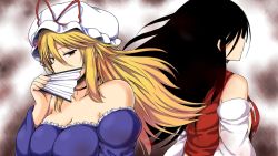 Rule 34 | 2girls, back-to-back, bare shoulders, black hair, blonde hair, breasts, choker, cleavage, closed mouth, collarbone, covering own mouth, detached sleeves, dress, folding fan, hand fan, hat, hat ribbon, japanese clothes, large breasts, lock heart (juuryokudou), long hair, long sleeves, looking at viewer, miko, mob cap, multiple girls, off-shoulder dress, off shoulder, red ribbon, ribbon, sendai hakurei no miko, sideboob, touhou, upper body, yakumo yukari