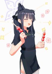 Rule 34 | 1girl, absurdres, animal ear fluff, animal ears, black dress, black hair, black ribbon, blue archive, china dress, chinese clothes, closed eyes, dress, food, hair ornament, hair ribbon, halo, highres, holding, jiryu50610218, long hair, open mouth, ribbon, short sleeves, shun (blue archive), shun (small) (blue archive), simple background, solo, sparkle, tanghulu, thighhighs, twintails, white background, white thighhighs