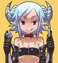 Rule 34 | 1girl, bandeau, bare shoulders, black gloves, blue hair, character request, collar, collarbone, elbow gloves, eraser, eyebrows, flat chest, gloves, horns, leather, leather gloves, licking lips, matsuda yuusuke, original, pointy ears, red eyes, ribs, short hair, solo, strapless, tongue, tongue out, tube top, upper body, yellow background, yuusha to maou