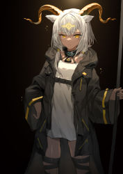 Rule 34 | 1girl, absurdres, animal ears, arknights, beeswax (arknights), black background, black jacket, collar, cowboy shot, dark-skinned female, dark skin, goat ears, goat girl, goat horns, hand on own hip, highres, holding, holding staff, horns, infection monitor (arknights), jacket, low twintails, molyb, open clothes, open jacket, shirt, short hair, solo, staff, twintails, white hair, white shirt, yellow eyes