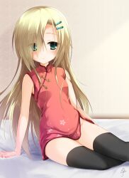 Rule 34 | 1girl, arm support, black thighhighs, blonde hair, blush, breasts, chaamii, china dress, chinese clothes, closed mouth, commentary request, dress, empty x embryo, eyes visible through hair, feet out of frame, green eyes, groin, hair ornament, hair over one eye, hairclip, highres, indoors, kono natsuki, light frown, long hair, looking at viewer, on bed, red dress, short dress, shy, sitting, sleeveless, sleeveless dress, small breasts, solo, thighhighs, very long hair, yokozuwari