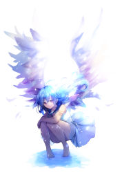 Rule 34 | 1girl, bad id, bad pixiv id, bare arms, bare shoulders, barefoot, blue hair, blue sailor collar, blush, closed mouth, commentary request, dress, feathered wings, floating hair, hair between eyes, highres, light smile, long hair, looking at viewer, naoton, original, pleated dress, purple eyes, purple wings, sailor collar, sailor dress, sleeveless, sleeveless dress, solo, tiptoes, very long hair, white background, white dress, wings