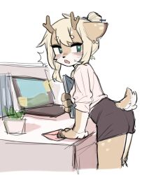 Rule 34 | 1girl, blonde hair, blush, computer, crayon (crayon1006), desk, female focus, furry, furry female, green eyes, hair bun, highres, laptop, looking back, open mouth, original, plant, potted plant, shirt, skirt, solo, standing