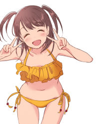 Rule 34 | 1girl, :d, ^ ^, bikini, blush, character request, closed eyes, collarbone, cowboy shot, double v, facing viewer, frilled bikini, frills, idolmaster, leaning forward, navel, open mouth, orange bikini, simple background, smile, solo, swimsuit, tanaka (colorcorn), thighs, v, white background