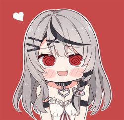 Rule 34 | 1girl, :d, @ @, animal collar, arm support, black collar, black hair, blush stickers, braid, camisole, chibi, collar, commentary, english commentary, fang, grey hair, hair ornament, hairclip, heart pendant, hololive, hypnosis, kukie-nyan, looking at viewer, mind control, multicolored hair, official alternate hair length, official alternate hairstyle, open mouth, red eyes, sakamata chloe, side braid, smile, solo, streaked hair, twitter username, upper body, virtual youtuber, white camisole, x hair ornament