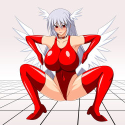 Rule 34 | angel wings, blush, breasts, collar, final fantasy, final fantasy tactics, genzaburoh, head wings, high heels, huge breasts, jpeg artifacts, latex, legs, leotard, long hair, lowres, one-piece swimsuit, red eyes, shoes, silver hair, simple background, spread legs, squatting, swimsuit, thighhighs, thighs, ultima (fft), wings
