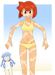 Rule 34 | 2girls, aizawa eiko, angry, bikini, blue hair, bracelet, highres, ikamusume, jewelry, long hair, multiple girls, o o, one-piece swimsuit, open mouth, red eyes, red hair, revealing tanlines, sat-c, shinryaku! ikamusume, short hair, swimsuit, tan, tanline, tanlines, tentacle hair, tentacles, trembling