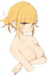 Rule 34 | 1girl, arm under breasts, blonde hair, blunt bangs, blush, boku no hero academia, breasts, collarbone, cropped arms, cropped torso, double bun, hair bun, highres, large breasts, looking at viewer, messy hair, nipples, no mouth, rasusurasu, short hair with long locks, sidelocks, simple background, solo, straight hair, toga himiko, upper body, white background, yellow eyes