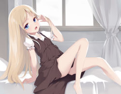 Rule 34 | 1girl, absurdres, adjusting hair, arm support, barefoot, bed, black dress, blonde hair, blush, derivative work, dress, highres, indoors, kirisame marisa, legs, long hair, muyue, no headwear, open mouth, pillow, pinafore dress, puffy short sleeves, puffy sleeves, shirt, short sleeves, sitting, sleeveless dress, solo, touhou, very long hair, white shirt, window