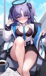 Rule 34 | 1girl, blue archive, blue eyes, blush, bra, breasts, coffee, coffee mug, cup, halo, highres, jacket, lace, lace-trimmed bra, lace trim, long hair, looking at viewer, medium breasts, mug, necktie, parted bangs, pinki o64, purple eyes, purple hair, shirt, solo, thighs, two side up, underwear, yuuka (blue archive)