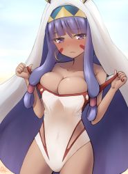 Rule 34 | 1girl, adjusting clothes, animal ears, blunt bangs, blush, breasts, covered navel, cowboy shot, dark-skinned female, dark skin, earrings, facial mark, fate/grand order, fate (series), hairband, highres, hoop earrings, jewelry, kousi sirazawa, large breasts, long hair, looking at viewer, nitocris (fate), nitocris (swimsuit assassin) (second ascension) (fate), nose blush, purple eyes, purple hair, sidelocks, solo, swimsuit, undressing, veil, very long hair