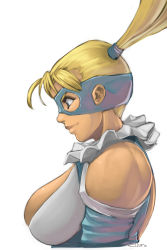 Rule 34 | 1girl, bare shoulders, blonde hair, blue eyes, breasts, capcom, david liu, female focus, from side, highres, huge breasts, long hair, mask, profile, rainbow mika, smile, solo, street fighter, twintails, upper body