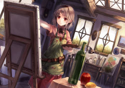 Rule 34 | 1girl, alcohol, apple, belt, bottle, brown hair, canvas (object), easel, focused, food, fruit, hairband, lamp, lemon, orange eyes, original, outstretched arm, painting (action), palette (object), parsley-f, short hair, solo, sunlight, window, wine