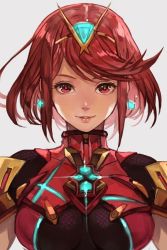 Rule 34 | 1girl, earrings, glowing, hair ornament, hungry clicker, jewelry, looking at viewer, nintendo, parted lips, pyra (xenoblade), red eyes, red hair, short hair, simple background, smile, solo, tiara, xenoblade chronicles (series), xenoblade chronicles 2, xenoblade chronicles (series), xenoblade chronicles 2