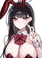 Rule 34 | 1girl, absurdres, animal ears, black hair, blue archive, blush, bow, bowtie, breasts, bright pupils, cleavage, closed mouth, detached collar, fake animal ears, halo, highres, large breasts, leotard, long hair, looking at viewer, rabbit ears, raki kr, red bow, red bowtie, red eyes, red leotard, rio (blue archive), simple background, solo, strapless, strapless leotard, upper body, white background, white pupils, wrist cuffs