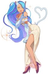 Rule 34 | 1girl, alternate costume, animal ears, animal hands, big hair, blue hair, breasts, cat ears, cat tail, dress, felicia (vampire), full body, green eyes, high heels, highres, koyoi mitsuki, long hair, looking at viewer, open mouth, smile, solo, standing, tail, vampire (game), white dress