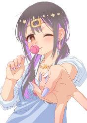 Rule 34 | 1girl, ;), absurdres, black hair, blue sweater vest, breasts, brown eyes, candy, chupa chups, commentary, earrings, food, gyaru, gyaru v, hair ornament, hairclip, highres, holding, holding candy, holding food, holding lollipop, jewelry, kogal, light blush, lollipop, long hair, looking at viewer, medium breasts, minori 13101, multicolored hair, nail polish, necklace, one eye closed, onii-chan wa oshimai!, oyama mihari, purple hair, purple nails, shirt, simple background, sleeves rolled up, smile, solo, sweater vest, two-tone hair, upper body, v, white background, white shirt