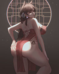Rule 34 | 1girl, alternate costume, animal ears, ass, atago (azur lane), azur lane, breasts, brown hair, chromatic aberration, dress, earrings, from behind, hair ribbon, hand on own ass, highres, inomaru (2532), jewelry, large breasts, lips, long hair, looking at viewer, looking back, pelvic curtain, red dress, revealing clothes, ribbon, side-tie dress, sleeveless, sleeveless dress, solo, standing, white ribbon, yellow eyes